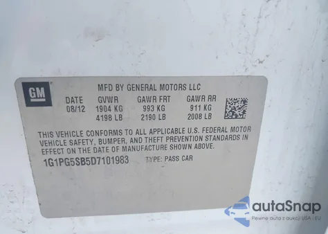 2013 Chevrolet Cruze Ltz z USA, uszkodzony, nr VIN 1G1PG5SB5D7101983